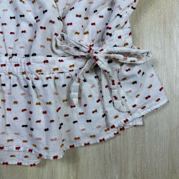Madewell Ivory Clipdot Ruffle Hem Side Tie Wrap Textured Short Sleeve Top Small - Picture 3 of 12